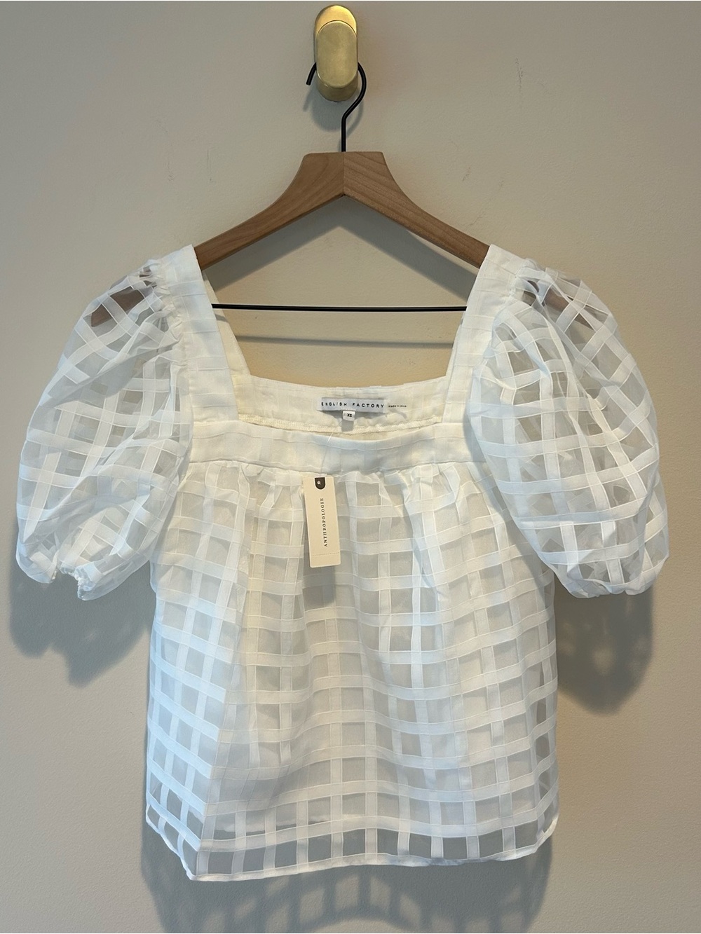 NWT English Factory Anthropologie White Puff-Sleeve Check Organza Blouse